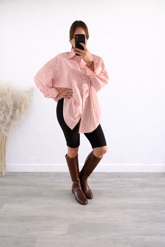 Camicia oversize pois con bottoni gioiello