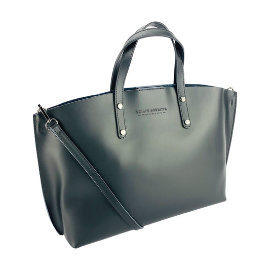 RB1024A | Women's Hand Bag in Genuine Leather Made in Italy with removable shoulder strap. Large removable internal bag. Shiny Gunmetal Accessories - Black Color - Dimensions: cm 48x31x11-0