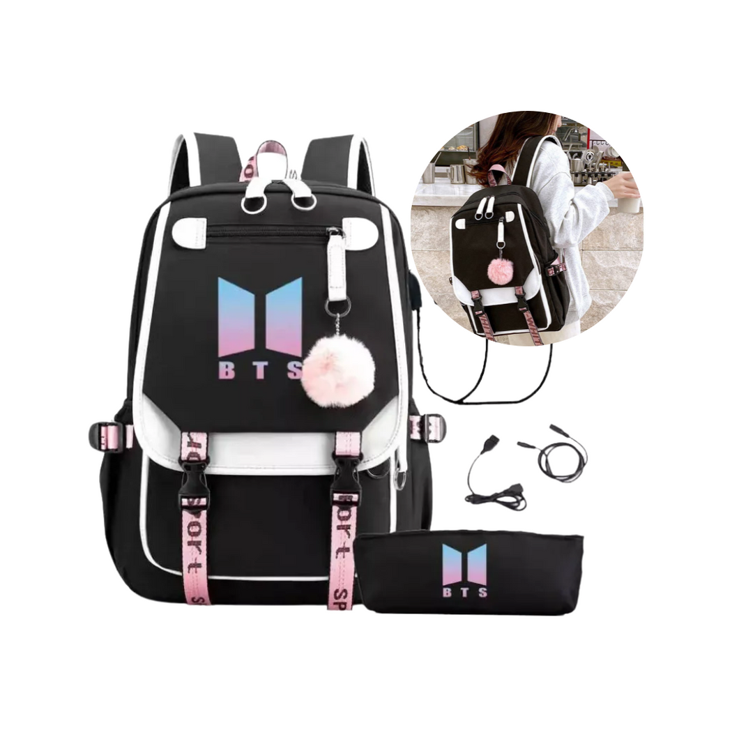 MOCHILA BTS COLOR BLANCO Y NEGRO